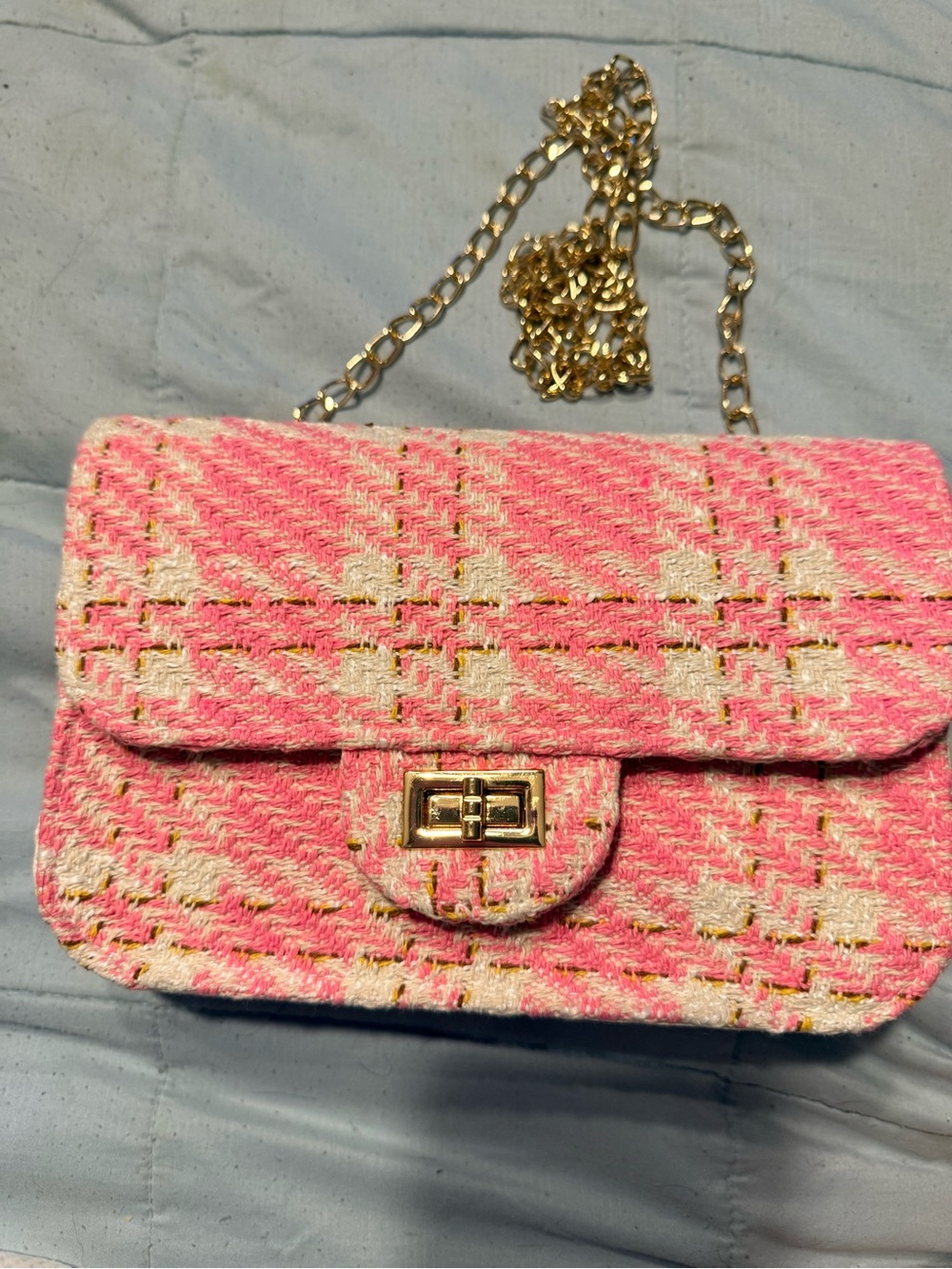 Francesca's Collections Pink Tweed Chain Crossbody with Gold Hardware